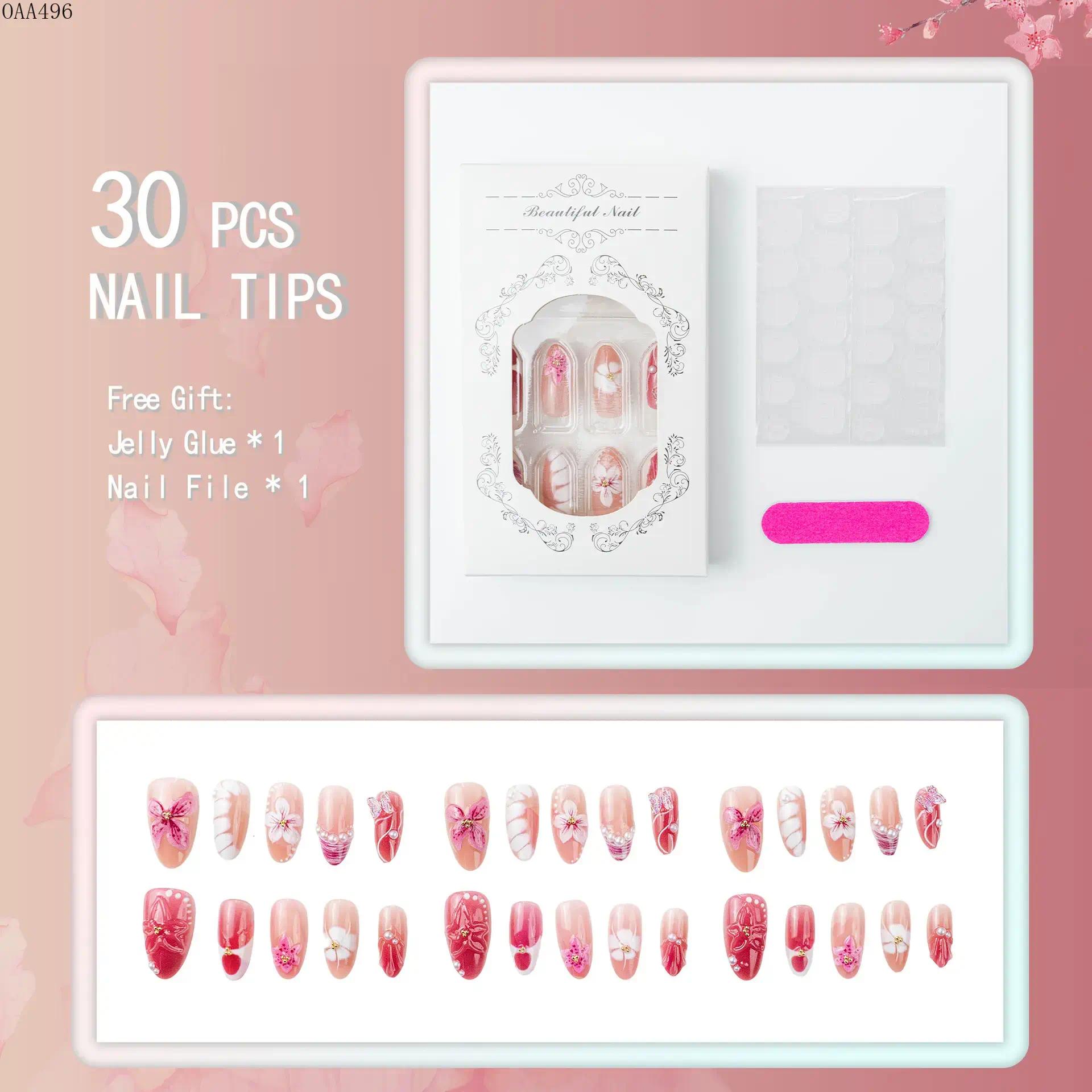 DIY Bag Accessory Press On Nails, 24-Piece Almond-Shape, 3D Rhinestone Flowers Design, Reusable Glossy Full Cover for Daily Wear, Parties