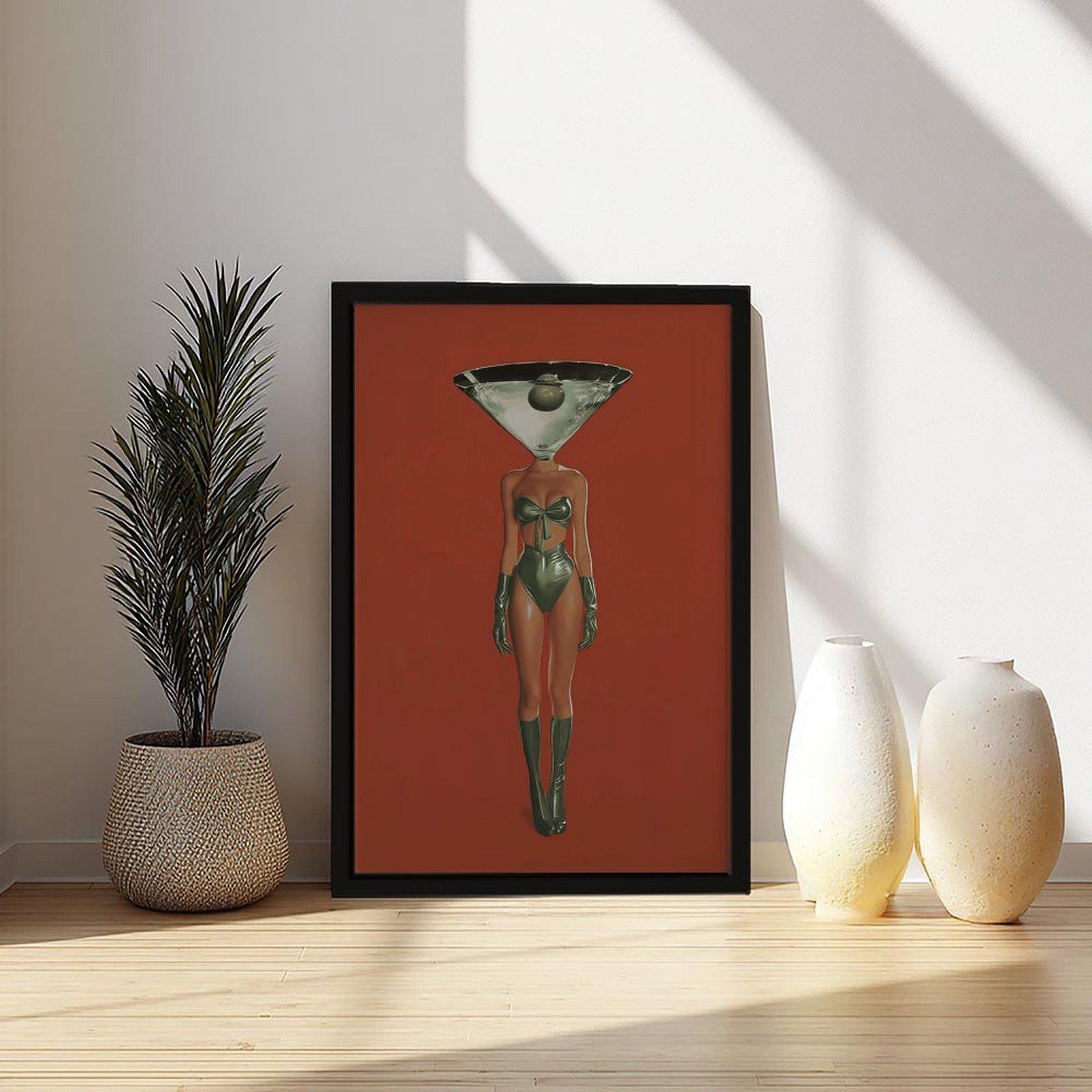 Vintage Dirty Martini Cocktail Print - Retro Bar Cart Decor, Red Wall Piece with Woman & Retro Drink, Aesthetic Canvas Poster for Bedroom, Funky Home Decor, Anime Wall Accent