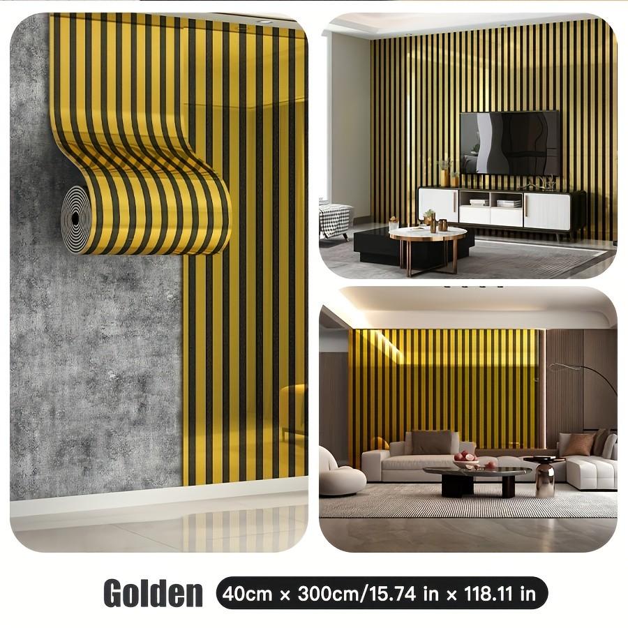 1 Roll 2.8mm Thick Gold Foil Grid Stripe Wallpaper, Mirror Surface 3D Peel and Stick Wall Sticker, Modern Luxury Wall Decor for Living Room Bedroom Office Meeting Room