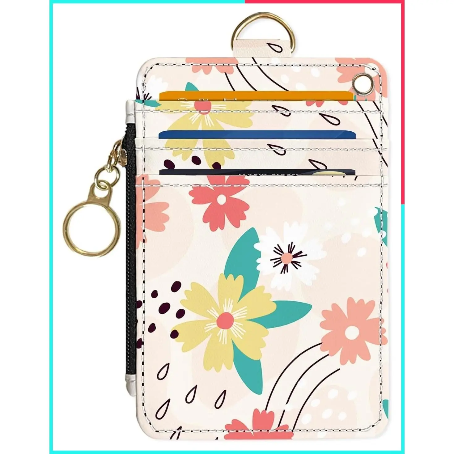 Slim RFID Blocking Wallet for Women, Small Front Pocket Credit Card Holder with Zipper, Thin PU Leather Travel Card Case with ID Window, Pink Green Floral, Gift for Her