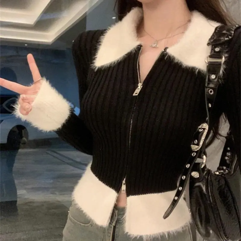 Zip-up Cardigan Women Contrast Fuzzy Collared Rib Knit Sweater Jacket Crop Top Teen-girl Y2K 90s suéteres bonitos para mujer