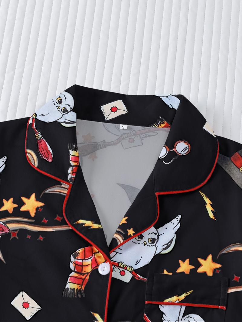 Women's Owl Print Short Sleeve Top & Elastic Waist Shorts Pyjama, Casual Comfy T-shirt & Shorts PJ Set, Ladies Sleepwear for Summer, Loungewear, Pajama Set