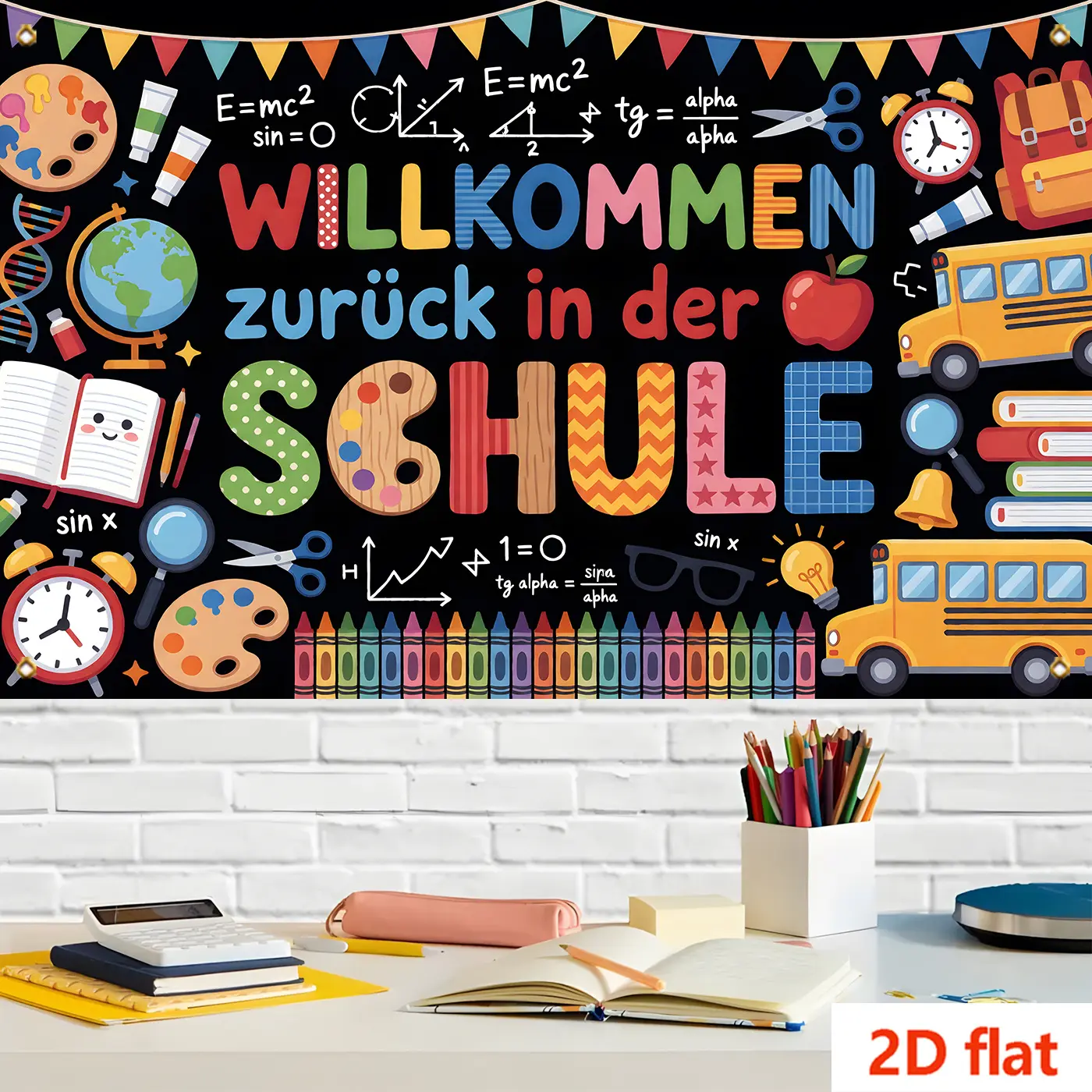 2D Flat, 1pc 2D Backdrop Decoration, Fun Back-to-School Season Tapestry, Cartoon School Bus and Math Formulas Background Wall Cloth, Embellished with Red Apple, Globe, Books, Crayons, and Pennant Elements, Suitable for Classroom, Kindergarten