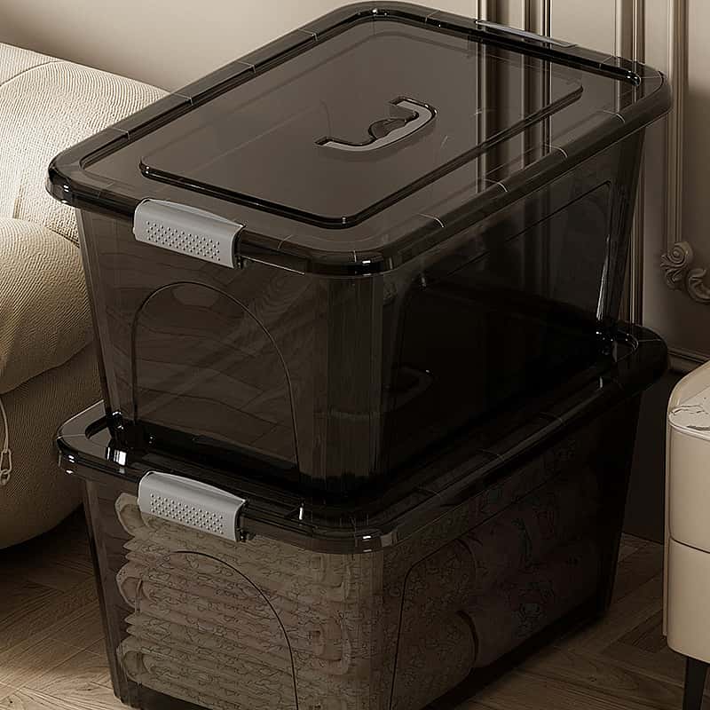 Stackable Storage Box with Lid, Transparent Under Bed Organizer, Durable Plastic Space Saving Clothes & Blanket Holder, No Assembly Needed