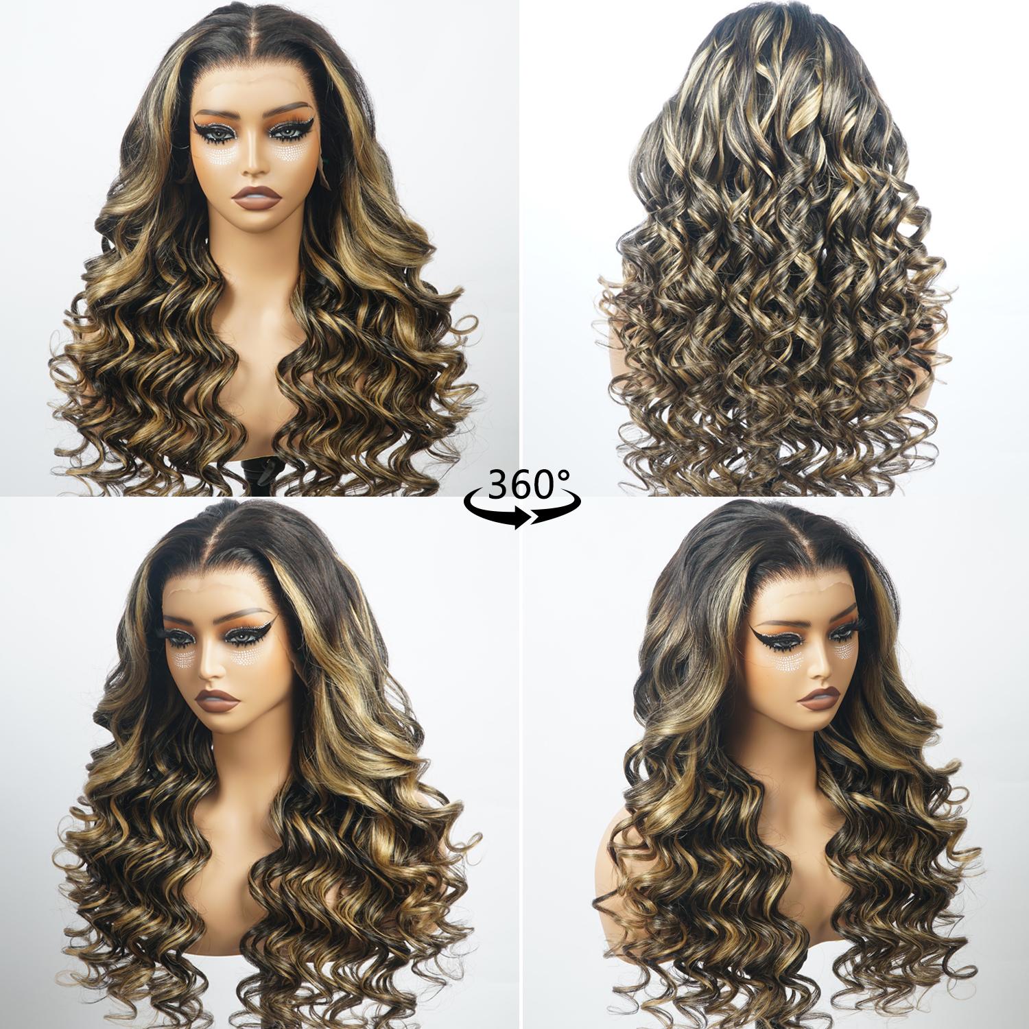 QUANDIAN Loose Body Wave Lace Front Wigs Pre Bleached knots 200% Density 13x4 HD Lace Balayage Highlight Wig Human Hair Springtok