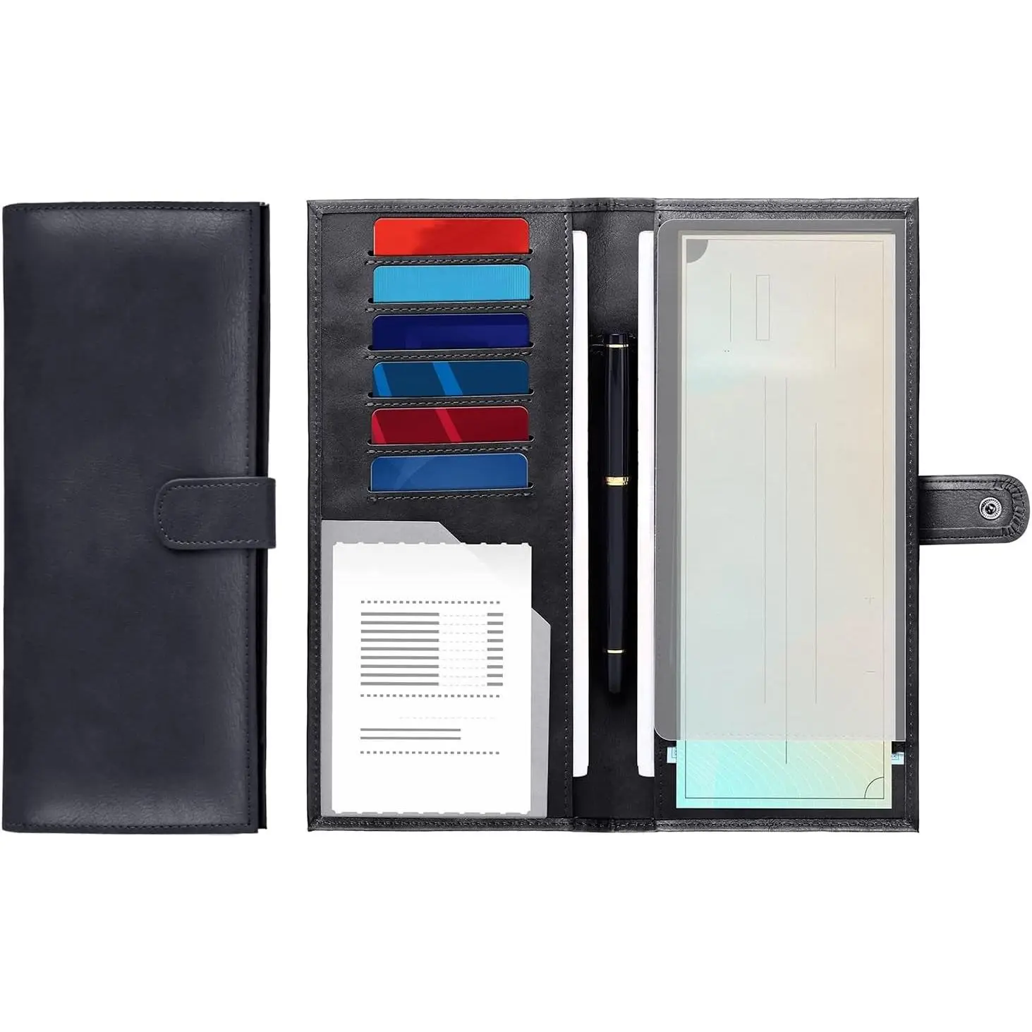 Large Leather Checkbook Cover for Business Size & Travelers Checks, Side & Top Tear Checks, Deposit Tickets, Companion Checks with Duplicate Check Sleeve & Card Slots