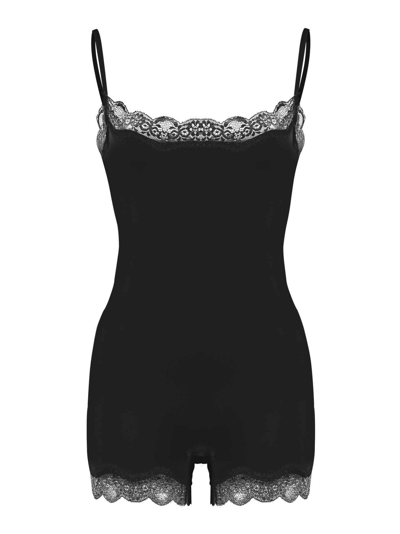 KatchMe Women's Basic Solid Color Spaghetti Strap Lace Trim Seamless Bodysuit Hot Lace Bodysuit