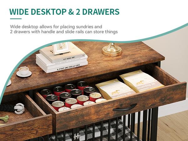 DWVO Double Dog Crate Furniture with Feeder, Indoor Dog Kennel for Large Breed with Storage, Wooden Dog Crate TV Stand Table for Dogs