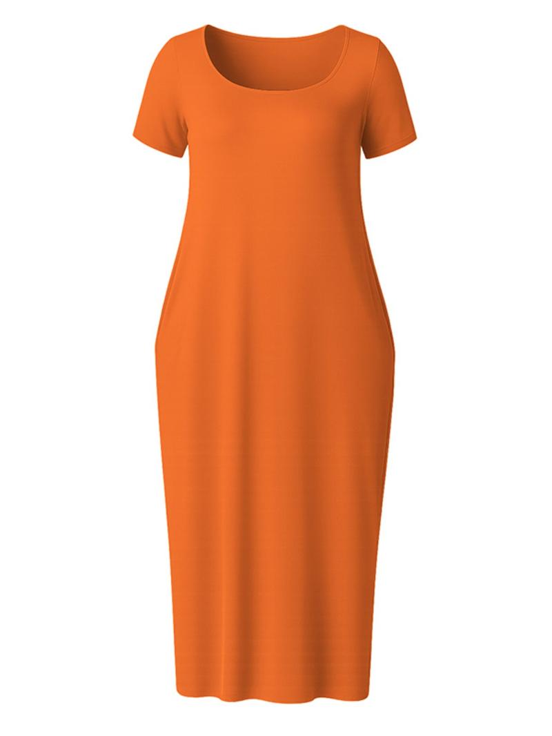 Plus Size Women's Solid Color Dress, Sexy Round Neck Short-Sleeved Long Dress, European and American Summer New Arrival, Casual Style