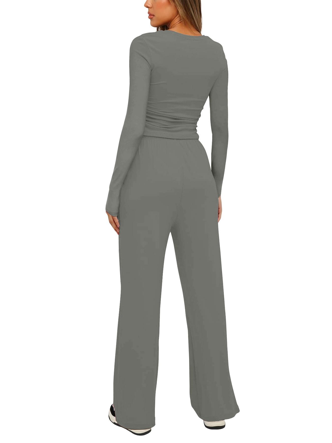 Women's Solid Ruched Drawstring Loungewear Set, Casual Long Sleeve Round Neck Top & Pocket Wide Leg Trousers, Spring Summer Sleepwear Pajama Set