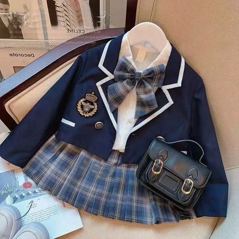 Kids Clothing Girls' Preppy 2-Piece Polyester Suit - White Ribbon Trim Jacket, Plaid Pleated Skirt, Bow Tie Included - Suitable for Spring/Autumn, Back-To-School Season