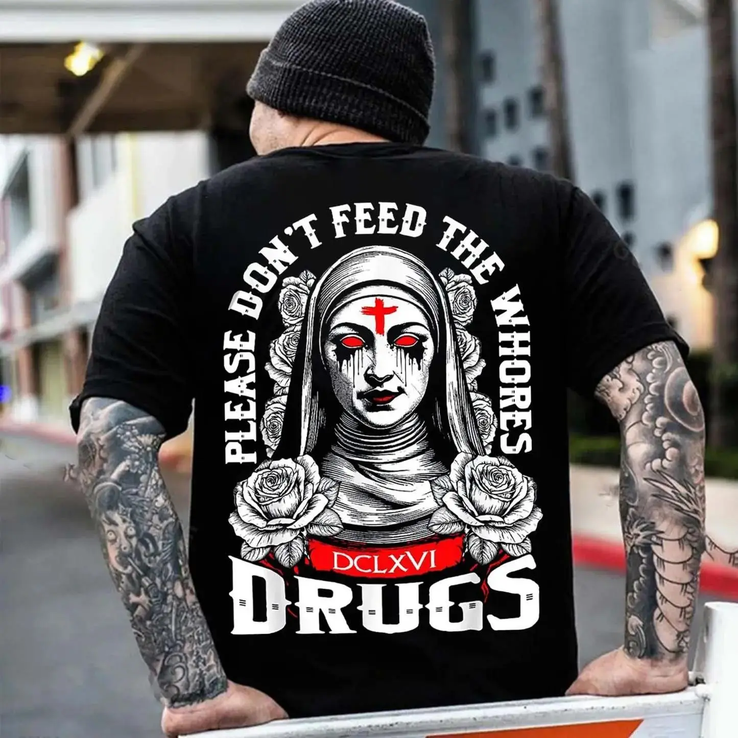 PLEASE DON'T FEED THE WHORES DCLXVI DRUGS Evil Ghost Nun Print Men's T-shirt