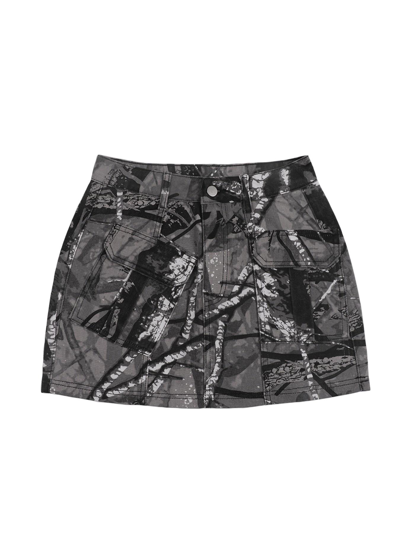 GILIPUR American Retro Tree-Bark Camouflage Cargo Skirt — "It-Girl" Style, Multi-Pocket A-Line Hip-Hugging Mini Skirt — Women's Streetwear | TChic