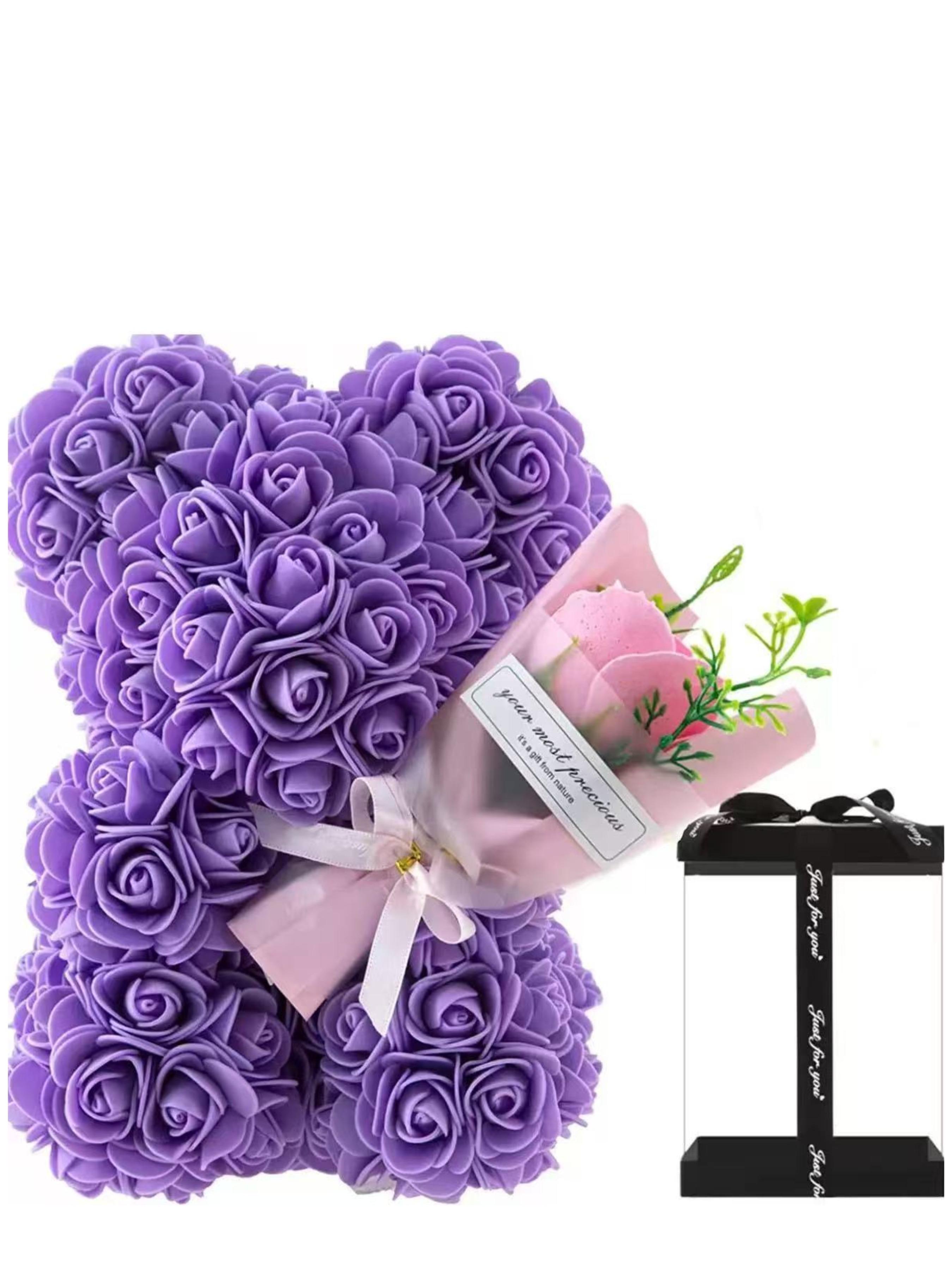 Forever Flower Pe Rose Bear Bouquet, Cute Floral Pattern, Perfect Gift for Valentine's Day, Graduation, Birthday, No Necklace Included