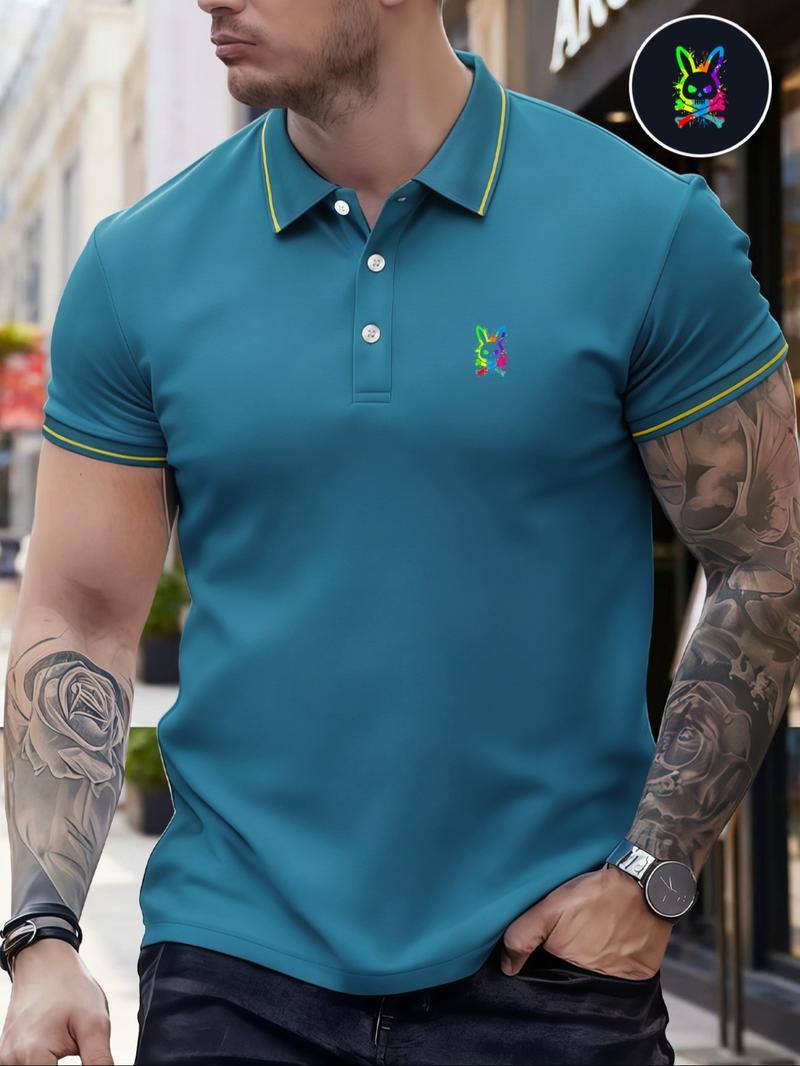 Men's Classic Fashion Casual Comfortable Micro-Elastic Straight Tube Polo Shirt, Trim Design, Rabbit Print, Outdoor Sports Polo