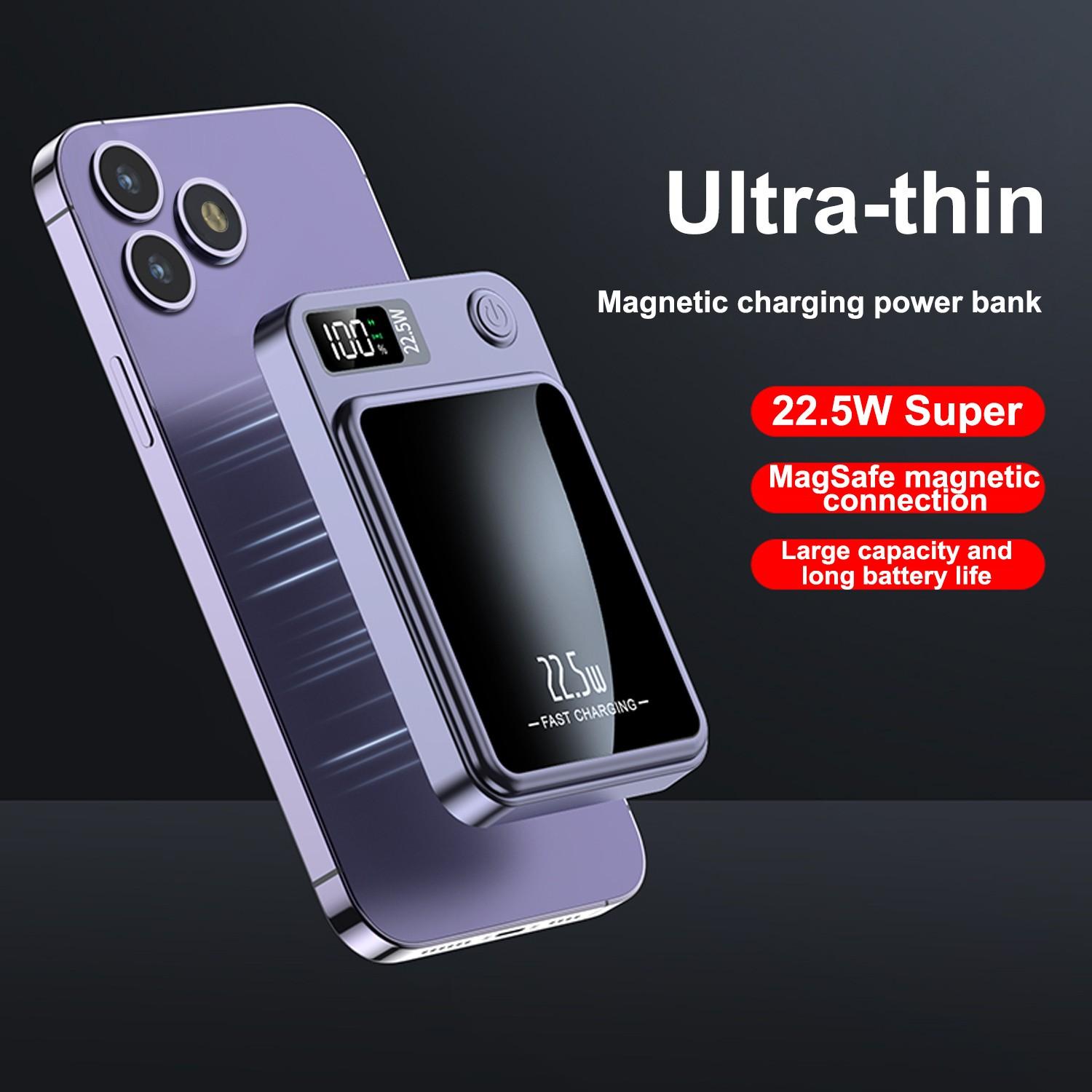 SIFOX Ultra-thin Magnetic Wireless Charging Battery 22.5W Ultra-fast Charging + 15W Magnetic Wireless Charging Type-C + USB Dual Output LED Digital Display 5000mAh Portable Power Bank for iPhone and Android Devices