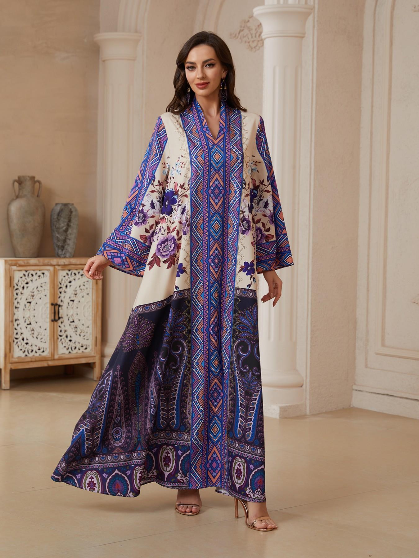 Middle Eastern Eid Limited Edition Multi-Color Patchwork Vintage Paisley Print Robe, Women's Loose Abaya Dress, Elegant Traditional Attire