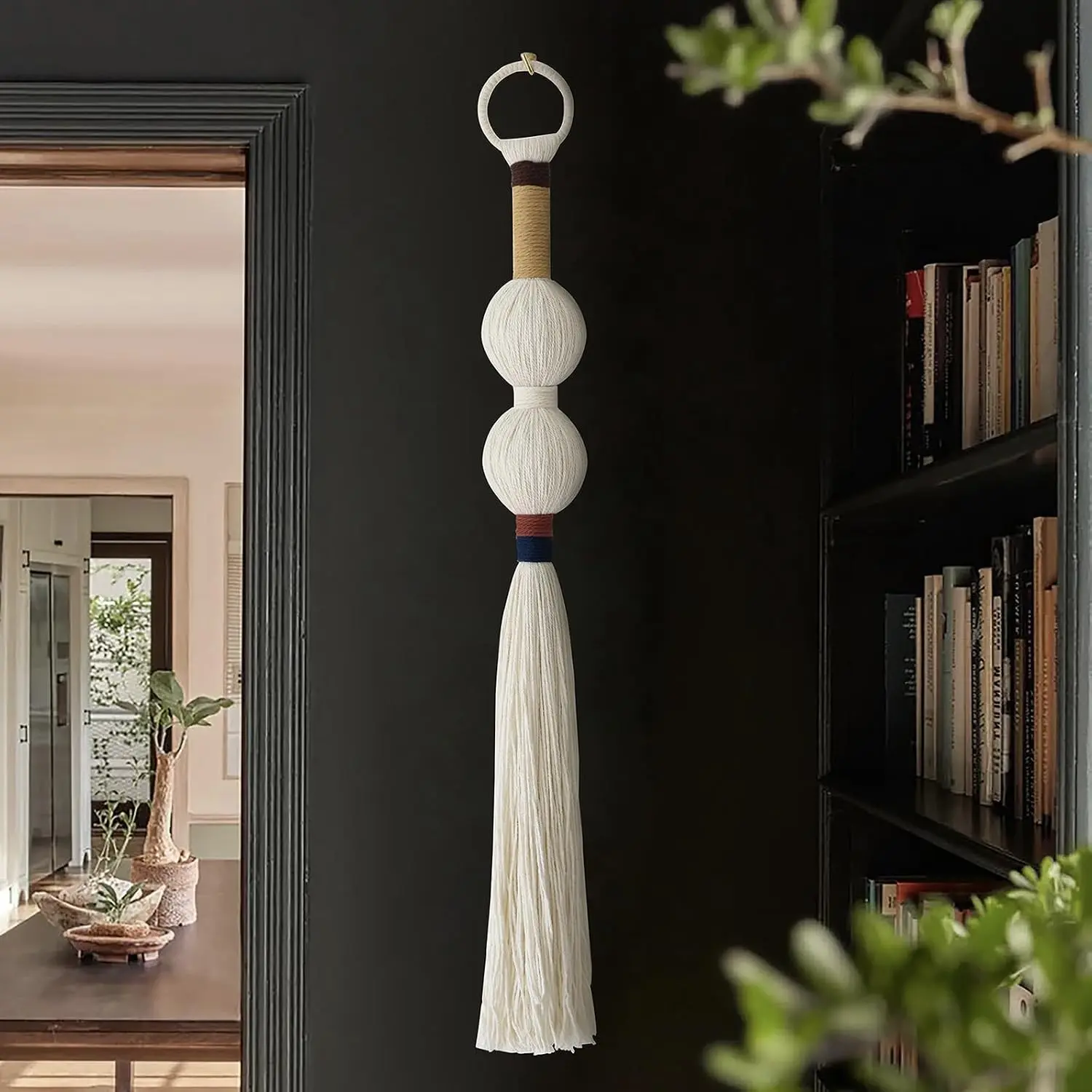 Macrame Wall Hanging Spherical Tassel Fiber Handmade Small Boho Decor 27''L