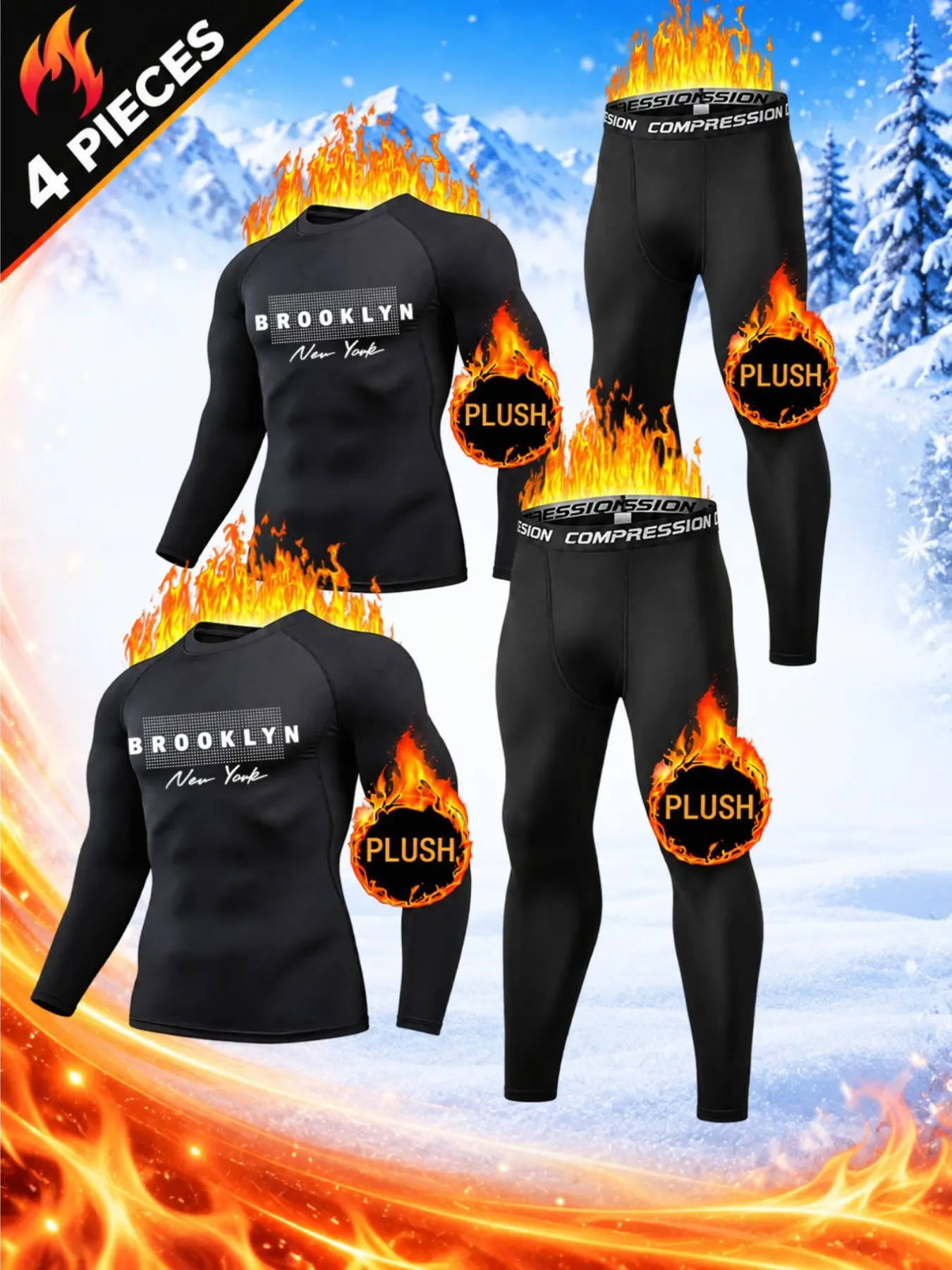 Men's 4-Piece Warm Compression Underwear Set, Brooklyn Letter Print Long Sleeve Top & Pants, High Stretch Activewear Thermal Sleepwear for Winter