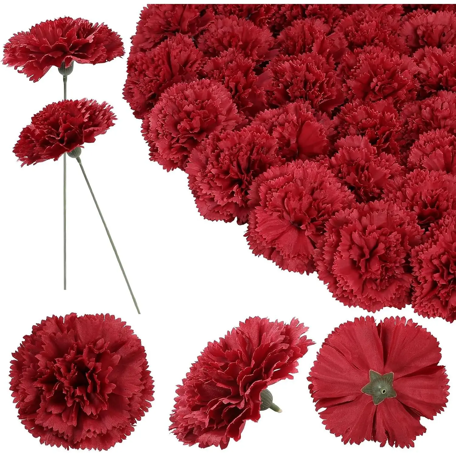 24pcs Artificial Silk Carnation Flower Heads with Stem,Wine Red| 3.8" Faux Carnations Flowers for Wedding Bouquets Party Decor DIY Crafts Centerpiece Arrangements