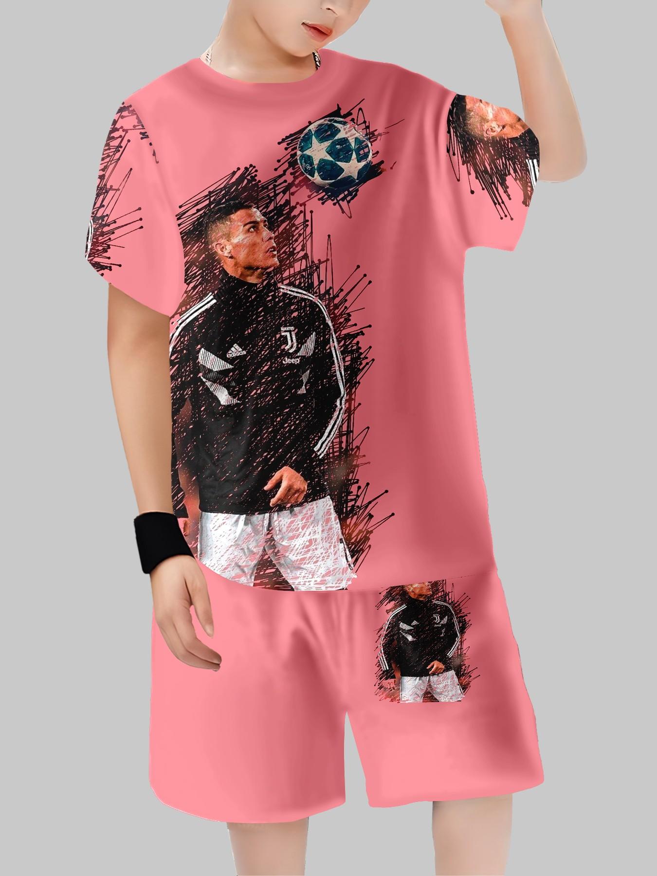 Boys' Base Juventus C Ronaldo Graffiti Print T-Shirt and Track Shorts, Casual Summer, Party, Vacation, School Wear