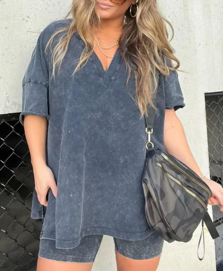 Women Washed 2 Piece SetLounge Set Oversized TopsBiker Shorts V Neck Drop