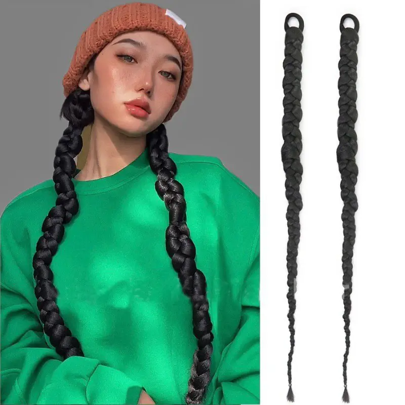 27in Light Brown Pre-Braided Ponytail Hair Extensions With Hair Tie, 2Pcs Thick Long Braid Wig Ponytail, Easy Wear Street Style Braided Hair Accessories For Women