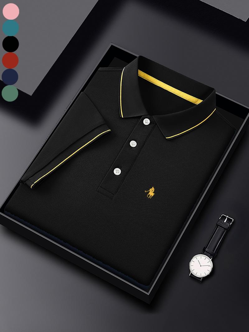 Men's Regular Fit Letter Embroidery Contrast Trim Polo Shirt, Casual Short Sleeve Half Zip Top for Summer, Fashion Men's Clothes for Daily Wear, Gamis, Solid Zipper Polo