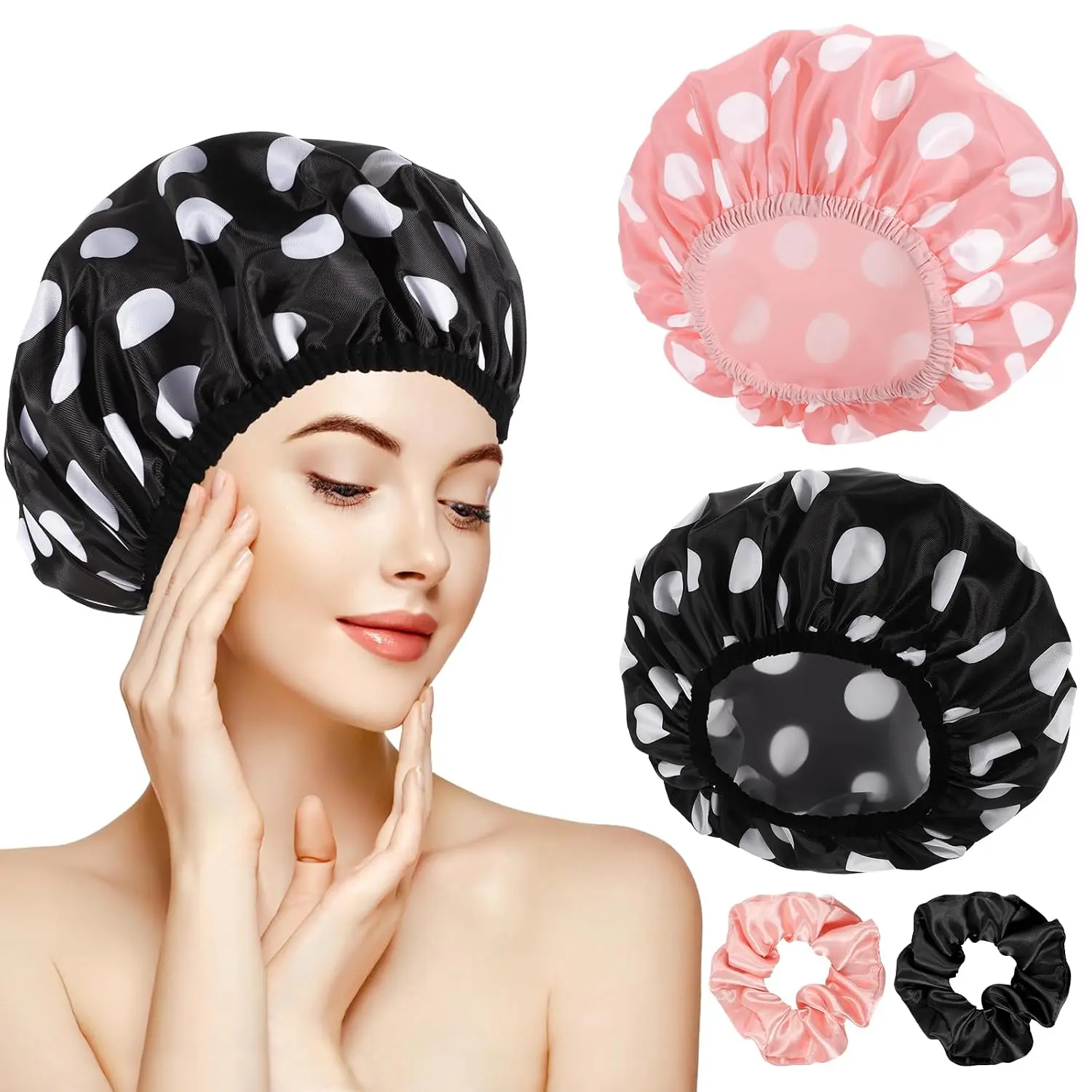 2 Packs Large Shower Caps for Women,  Shower Cap Double Layers Bath Caps with Hair Scrunchies for Long Thick Hair