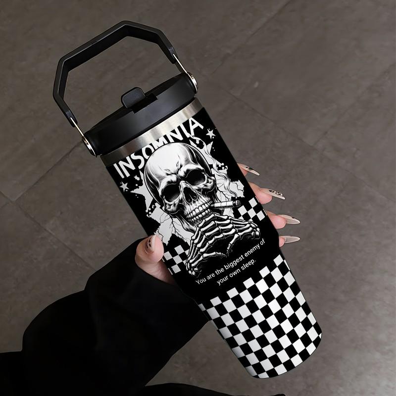 Loyr 30oz Insulated Travel Mug, Skull Design Stainless Steel Leak-Proof Straw Cup, Large Capacity Portable Cup for Commute Outdoor Use, Perfect Gift