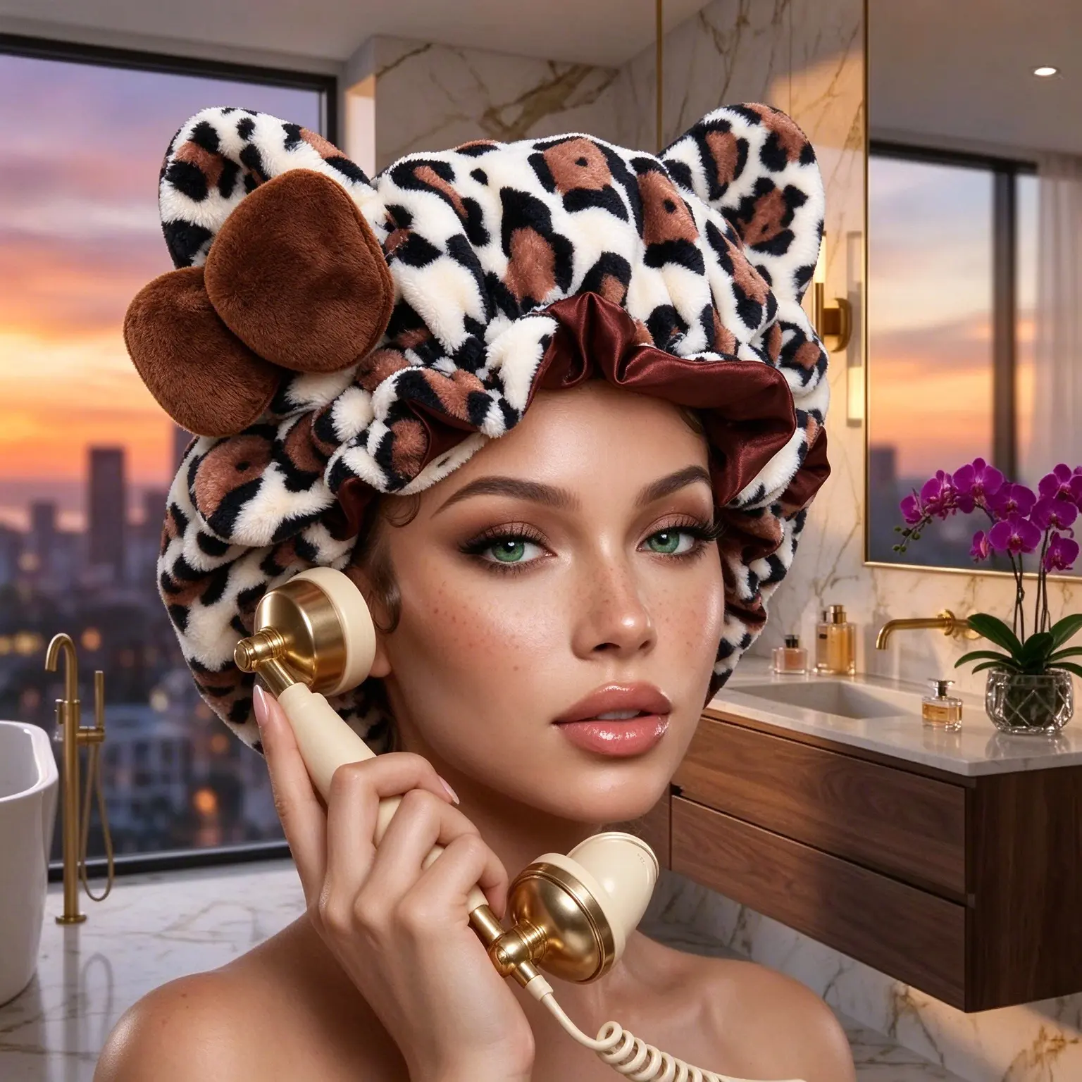 Leopard Satin Bonnet for Curly Hair - Cute Plush Sleep Cap with Ears & Bow, Adjustable Soft Silk Lined Bonnet for Anti Frizz Night Hair Protection