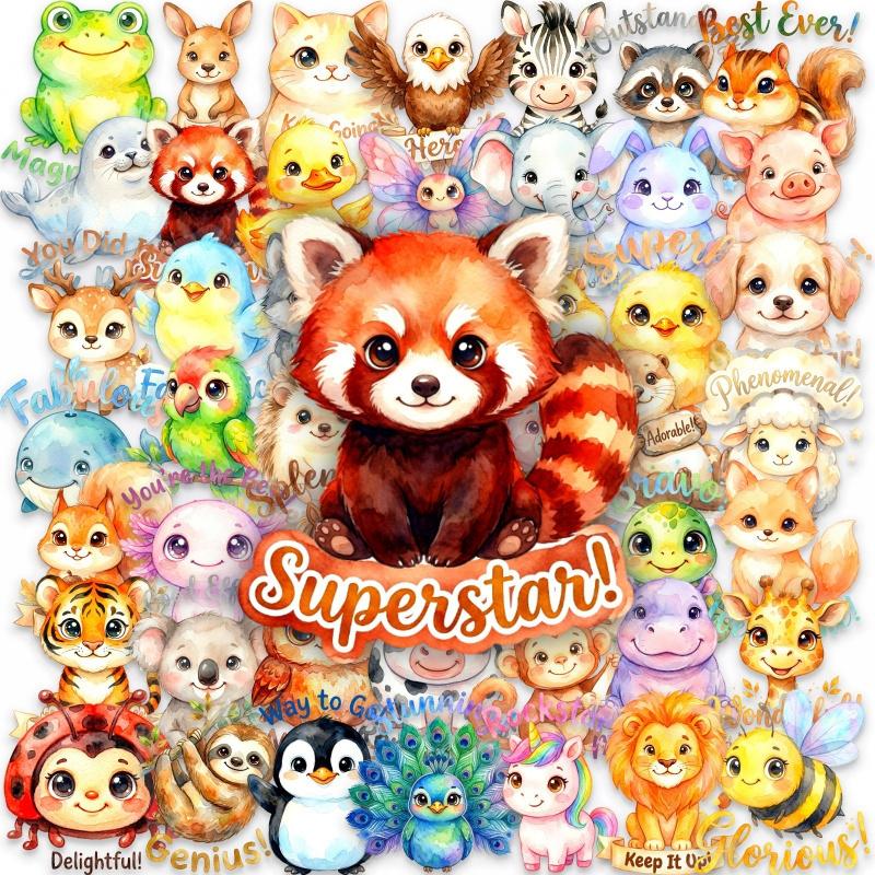 New 50 cute and adorable pet stickers  Inspirational slogan transparent PET sticker set, watercolor style children's reward decoration sticker