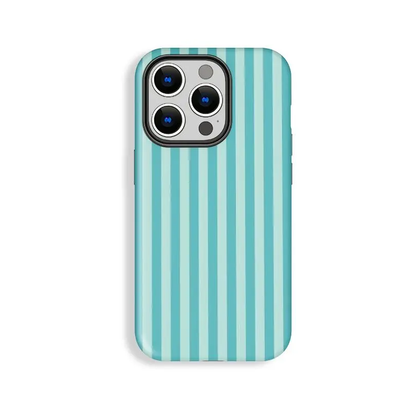 Polycarbonate-TPU Dual-Layer Shockproof Durable Smartphone Case - Slim Fit UV-Bright Light Blue Base with Dark Cyan Stripes, Everyday Protection Casing for iPhone 11/12/13/14/15/16/17 Pro, ProMax, Plus, Cellphone Cover Shell Accessory