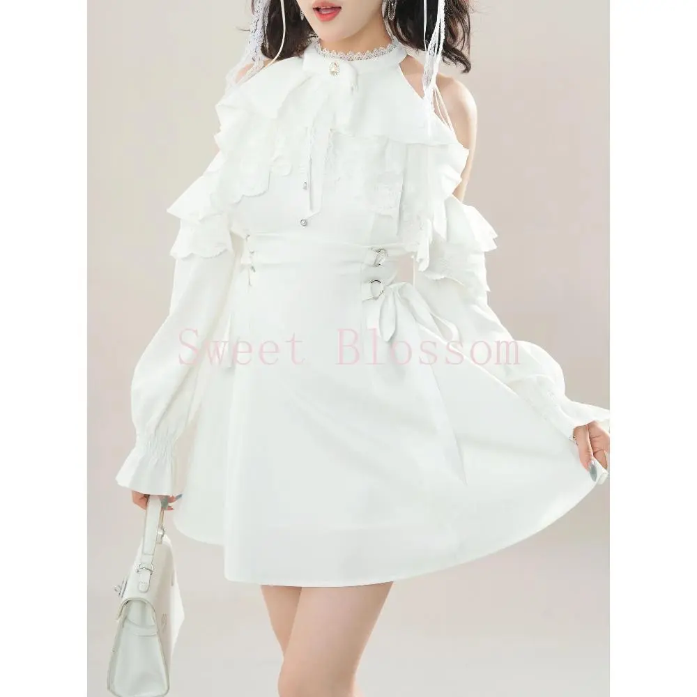 Japanese Lolita Elegant Solid Fairy Dress Women Off-the-shoulder Lace Patchwork Sweet Dresses New Summer Fashion Slim JK Outfit