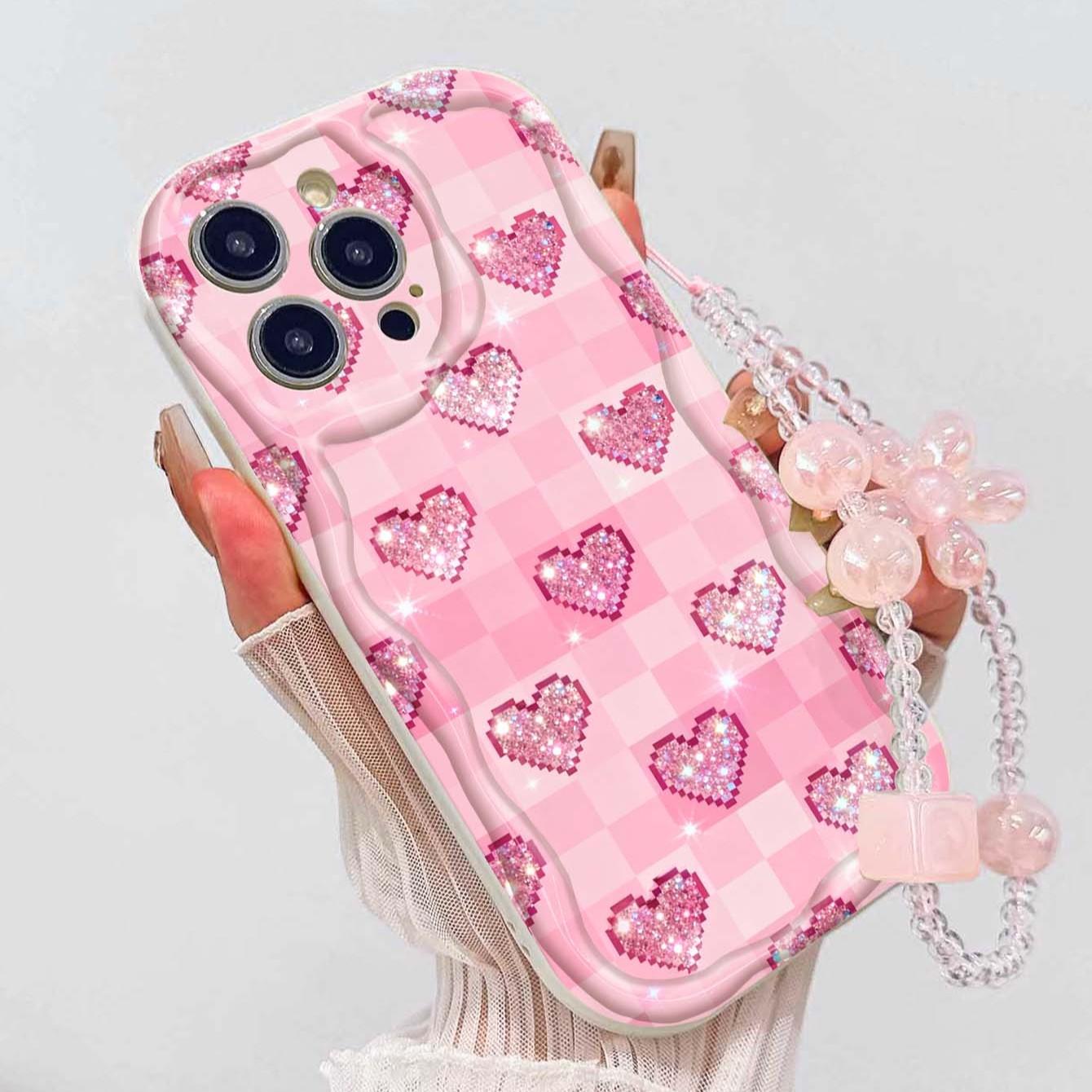 Grid Glitter Heart Lanyard Pattern Tpu Wave Edge Anti-Drop Phone Case for Apple iPhone 17 Pro Max/16/16 Pro Max/11/13/14/15, Girl's Gift