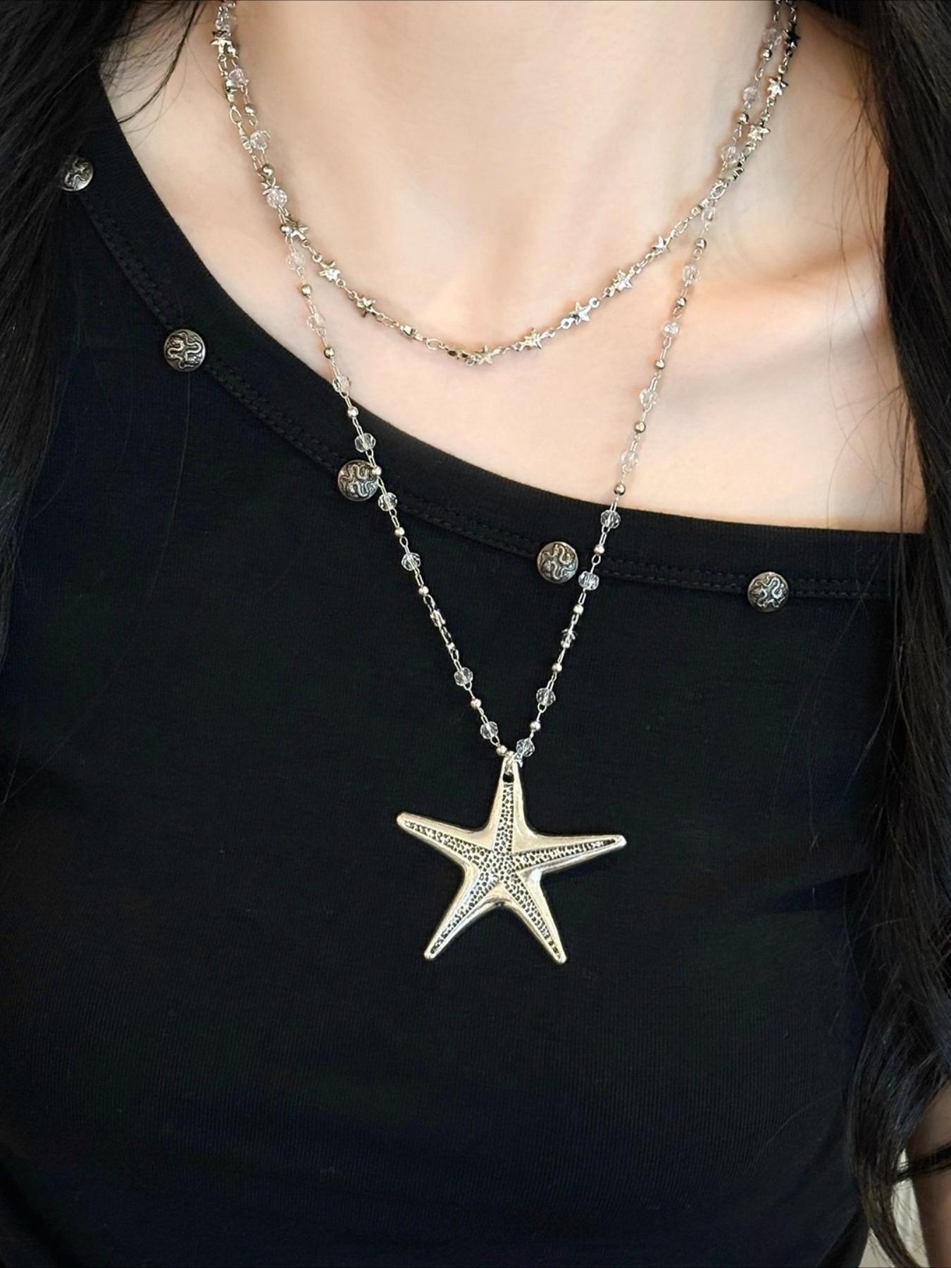 Y2K Trend Crystal Beaded Star Chain Sea Urchin Pendant Necklace, Vintage Long Design for Women, Perfect for Daily Wear & Parties, Starfish Necklace