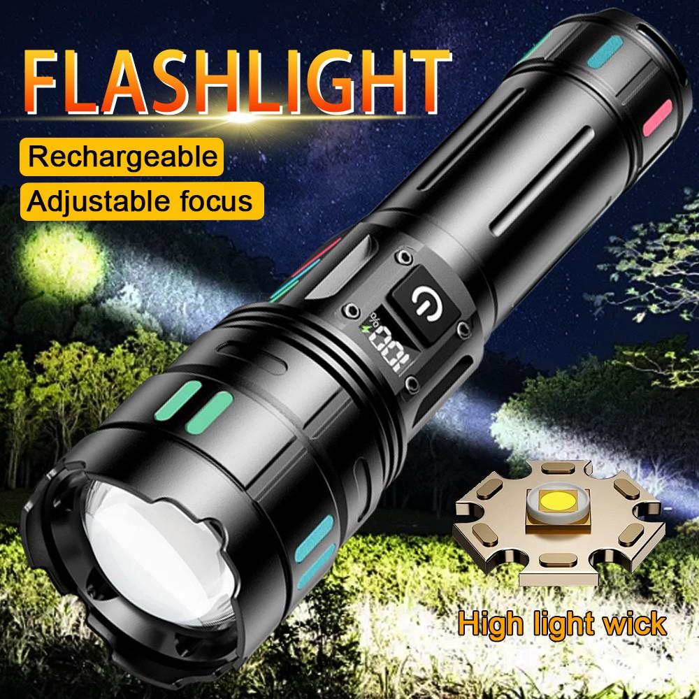 Aluminum Alloy Rechargeable Flashlight, Portable Display Multifunctional 30w Extendable Camping Fishing Night Riding Torch