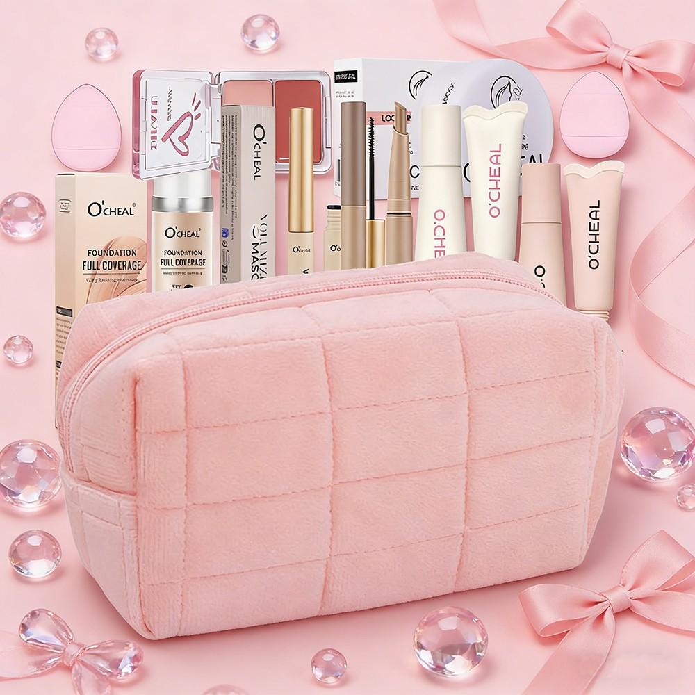 10 Piece Romantic Makeup Set, All-in-One Makeup Bag, Foundation, Setting Powder, Multifunctional Blush, Lip Gloss, Lash Primer, Contour Stick & Sponge, Gift for Wedding Season/Gift-Giving Season