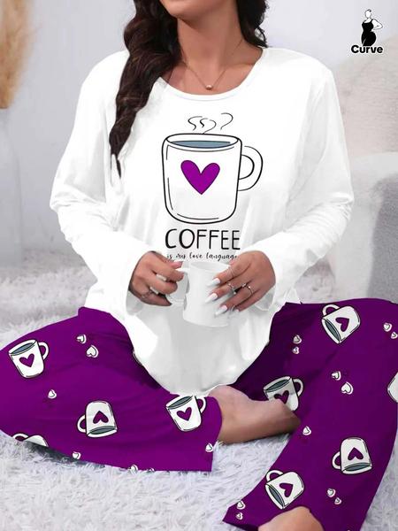 Plus Size Heart Coffee Letter Print Comfortable 2-Piece Pajama Set, Long Sleeve Top & Pants, Casual Fitted Sleepwear & Loungewear for All Seasons