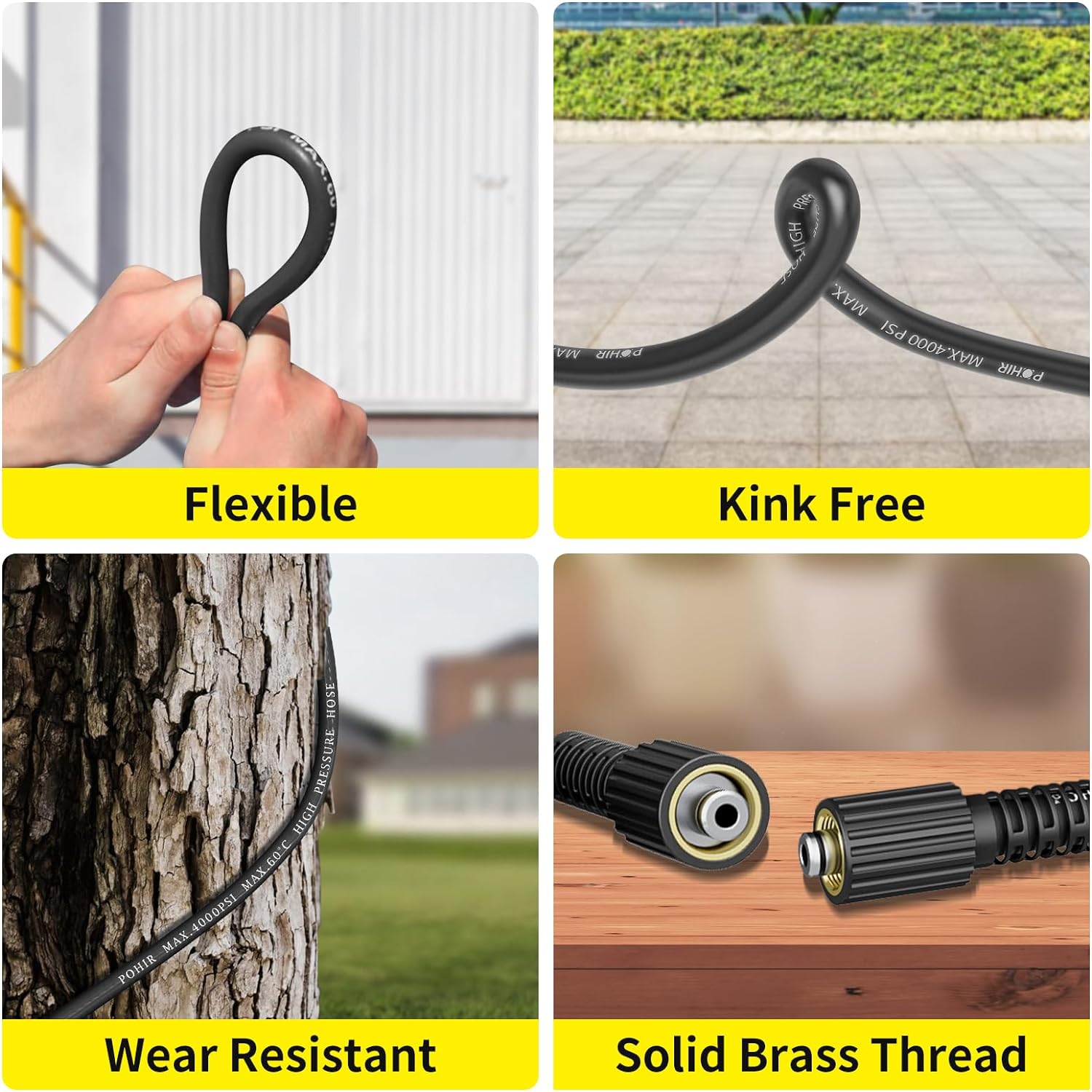 POHIR Pressure Washer Hose with M22&14mm Connects, 4000PSI Resistant Replacement Hose, Electric Power Washing Hose with M22 to 3/8 Quick Connect Set and Extension Adapter for Cleaning