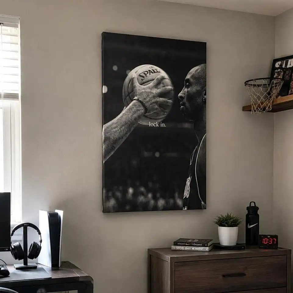 Kobe Bryant Inspirational Canvas Wall Art Focus & Determination Quote Poster Black and White Basketball Decor Motivation Print for Bedroom, Office Gym & Man Cave sport room decor black art print