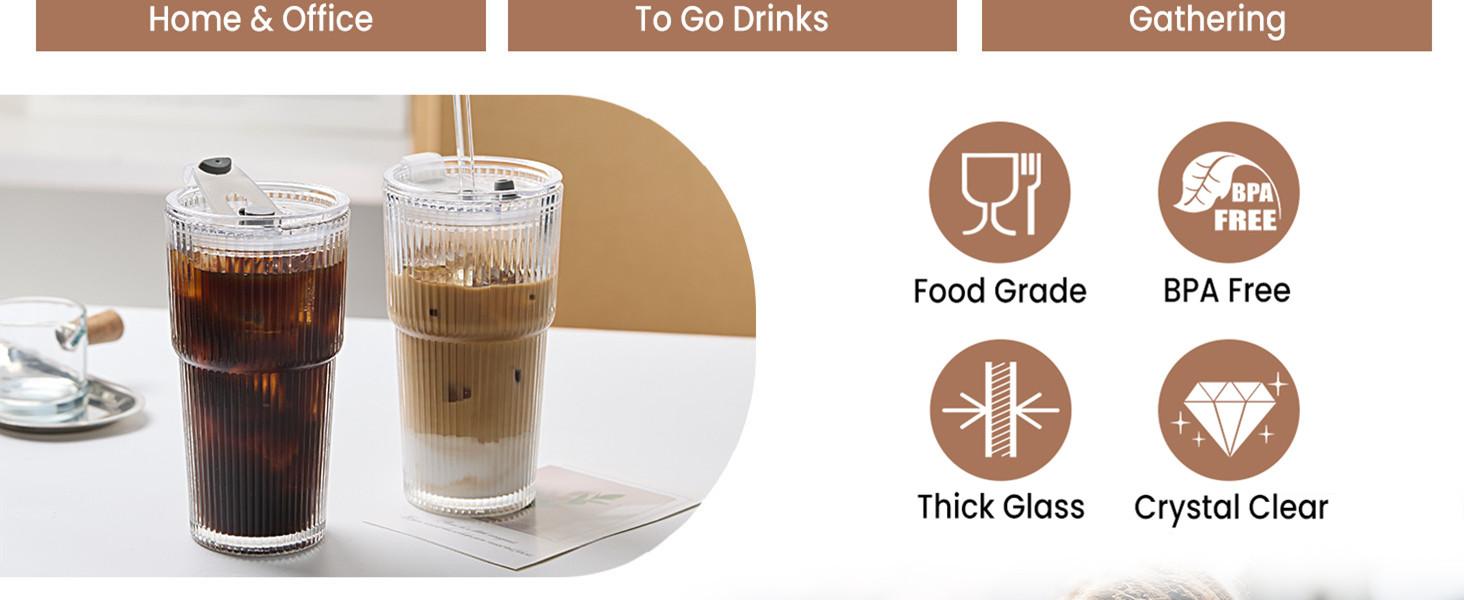 20 Oz Ribbed Glass Tumblers with Lids and Straws - 4 Pack Reusable Glass Coffee Cups with Straws and Lids, Thicken Glass, Ideal for To Go Iced Coffee