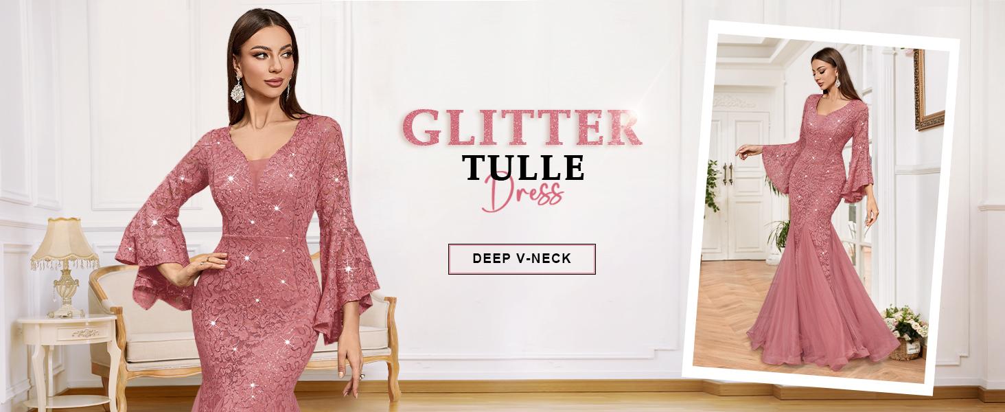 MIUSOL 24351A Women's Deep Vneck Sequin Lace Mesh Tulle Hem Long Sleeve  Formal Evening Maxi Dress for Cocktail Parties & Banquets, Party, Festival Womenswear