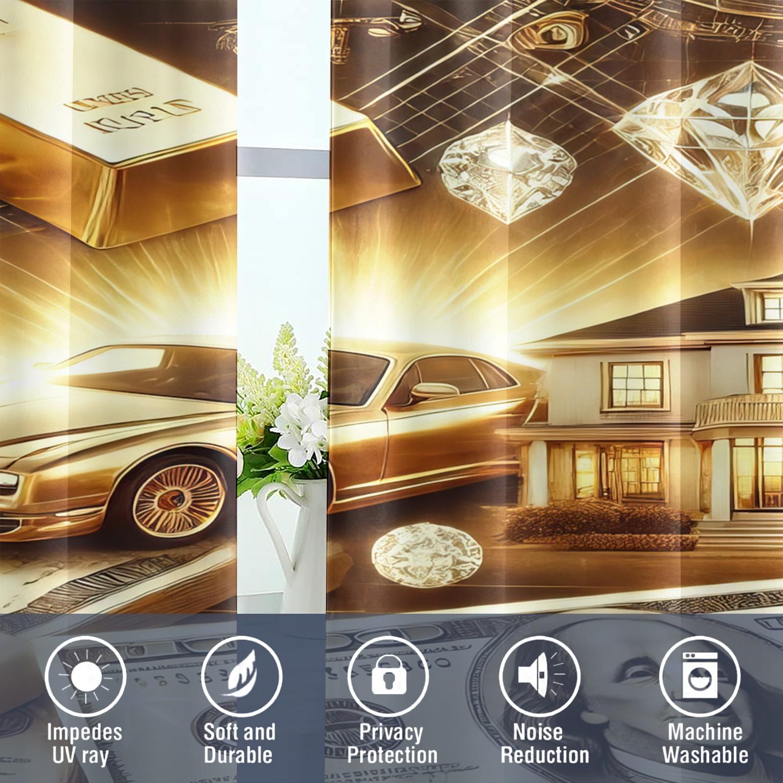 2 Pack Brushed Fabric Curtains, Wealth Theme Digital Print Window Drapes, Semi-Transparent & Fade Resistant, Through Rod Hanging Design, for Bedroom Living Room, Rich Dream Golden Home Curtains, Home Decoration Curtain