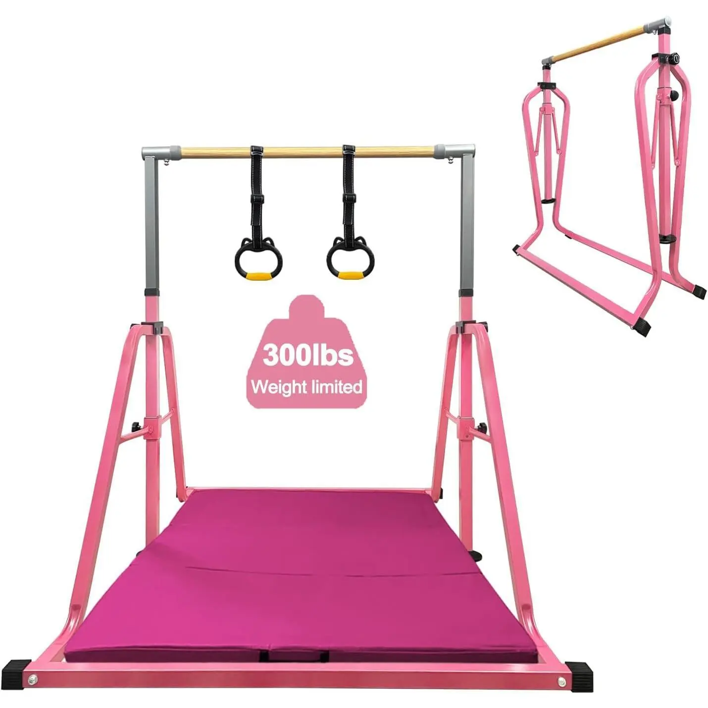 Foldable Kids Size Gymnastics Kip Bar - Metal Frame Home Gym Horizontal Bar, No Wobble Indoor Equipment, 3'-5' Adjustable Height, 1-4 Level Gymnasts, 300 lbs Weight Capacity