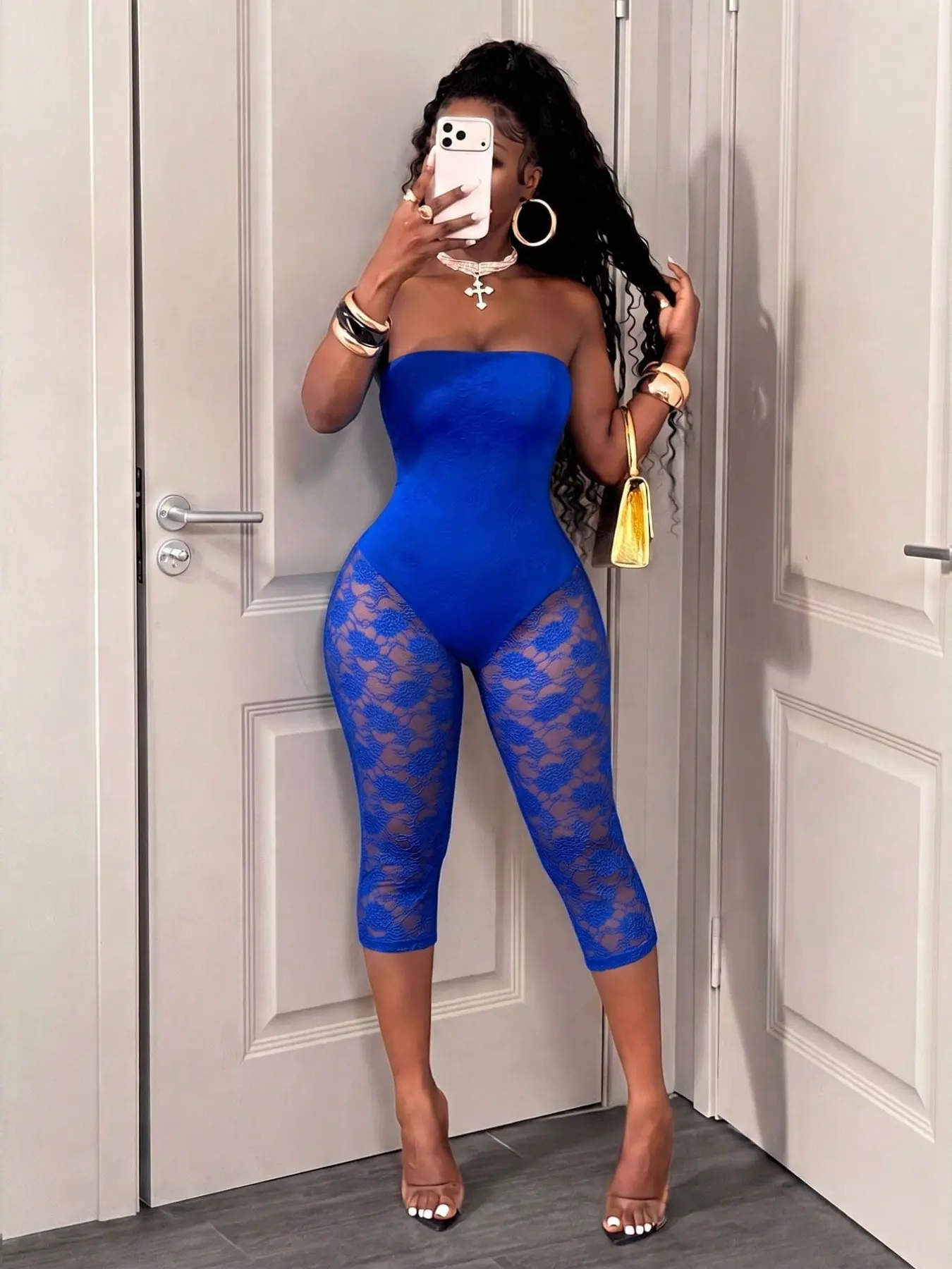 Women's Strapless Tube Top Sheer Lace Seven-Quarter Pants Bodysuit, Slim Fit Transparent Mesh Bodysuit, Perfect for Nightclub Parties