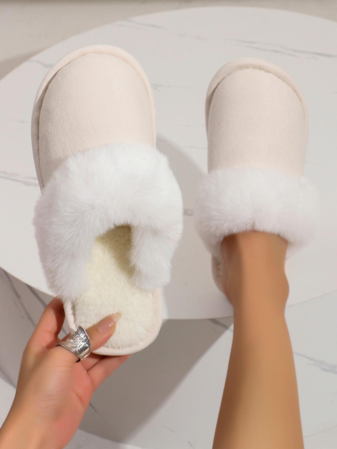 Women's Contrast Faux Fur Design Plush Slippers, Casual Soft Comfortable Home Slippers, Warm Slippers for Indoor & Outdoor Use for Fall & Winter
