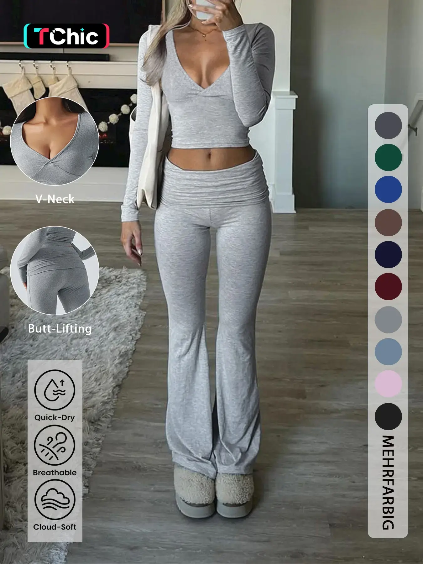 Slim-Fit Crop Top & Pants Two-Piece Set, Chic Solid Color V-Neck Long Sleeve for Fall and Winter, Airport Outfit Womenswear
