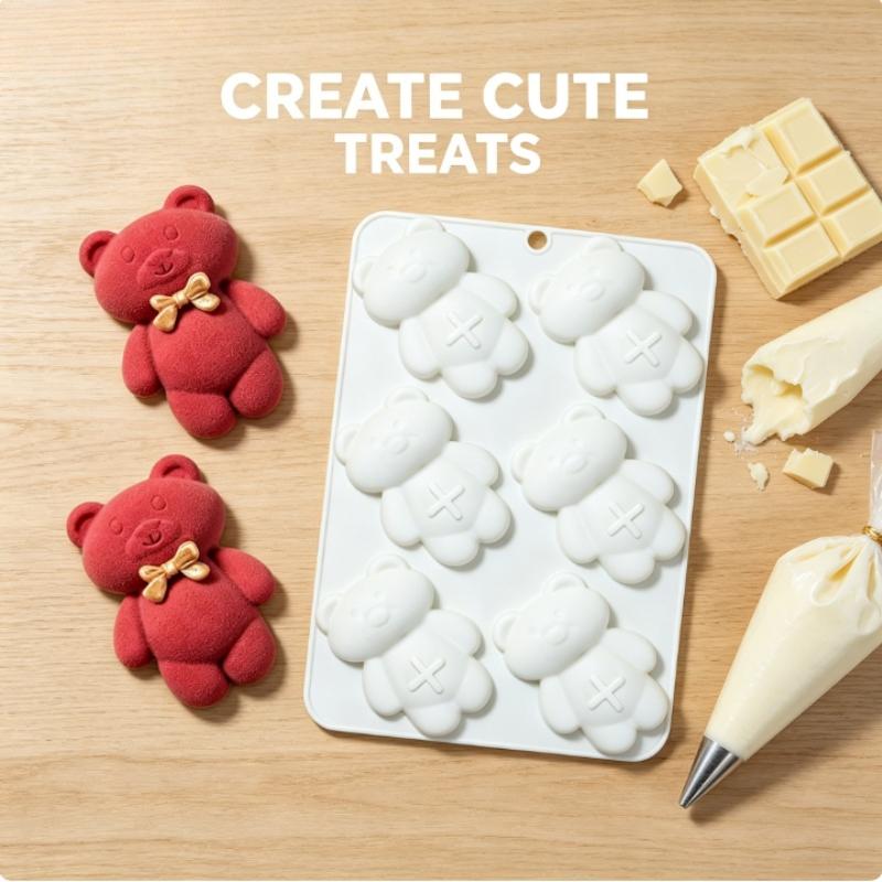 1pc bear-shaped silicone cake mold, 6-hole cute classic healing design, non-stick, easy to demold, suitable for home baking of commemorative chocolate, cakes, cute dessert creative tool