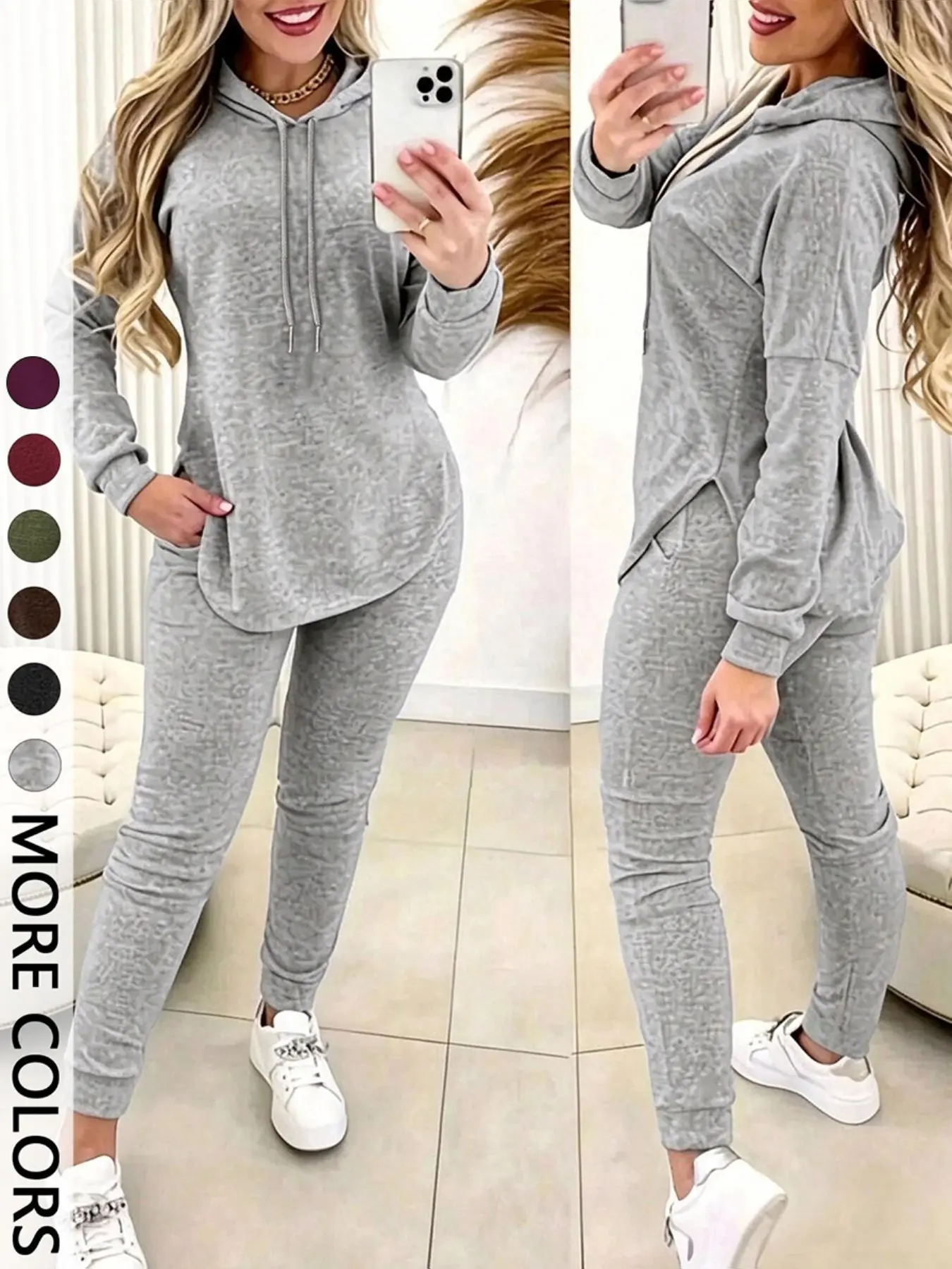 Women's Solid 2-Piece Outfit, Drawstring Hooded Long Sleeve Top & Slim Fit Casual Pants, Chic Matching Set for Daily Workout and Casual Wear